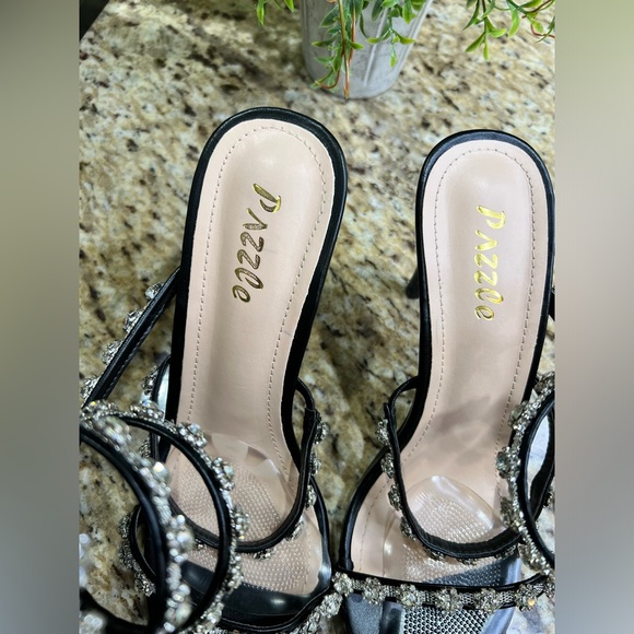Pazzle Rhinestone Crystal Black/Silver Ankle Wrap High Heel Sandals - Picture 11 of 15